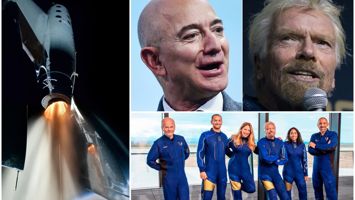 Jeffas Bezosas ir Richardas Bransonas yra įkūrę konkuruojančias bendroves trumpiems turistiniams suborbitiniams kosminiams skrydžiams / „Scanpix“ nuotr.