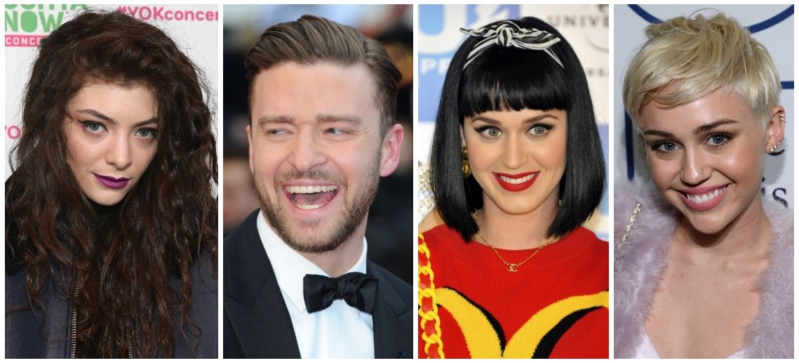 Lorde, Justinas Timberlake'as, Katy Perry ir Miley Cyrus / „Scanpix“ nuotr.