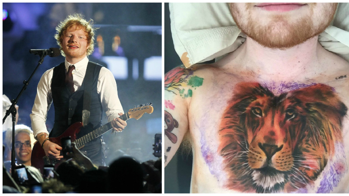 Edas Sheeranas ant krūtinės išsitatuiravo didžiulę liūto galvą / „Instagram“ ir „Scanpix“ nuotr.