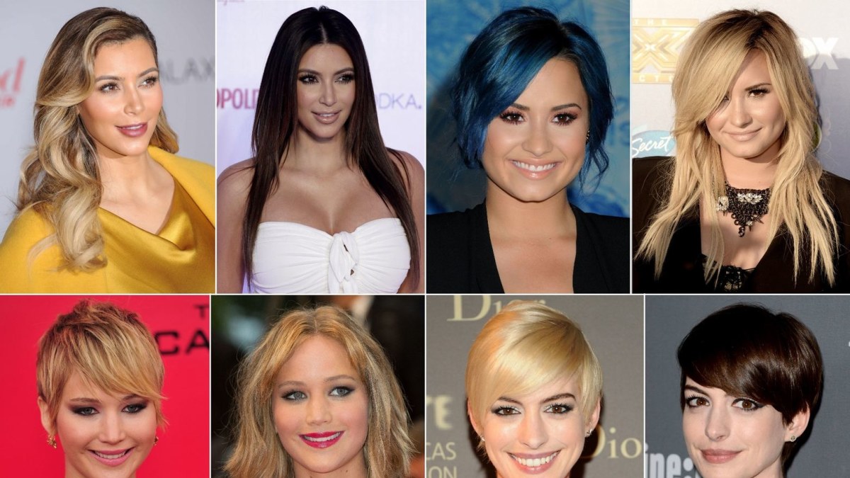 Kim Kardashian, Demi Lovato, Jennifer Lawrence ir Anne Hathaway šukuosenų pokyčiai / „Scanpix“ nuotr.