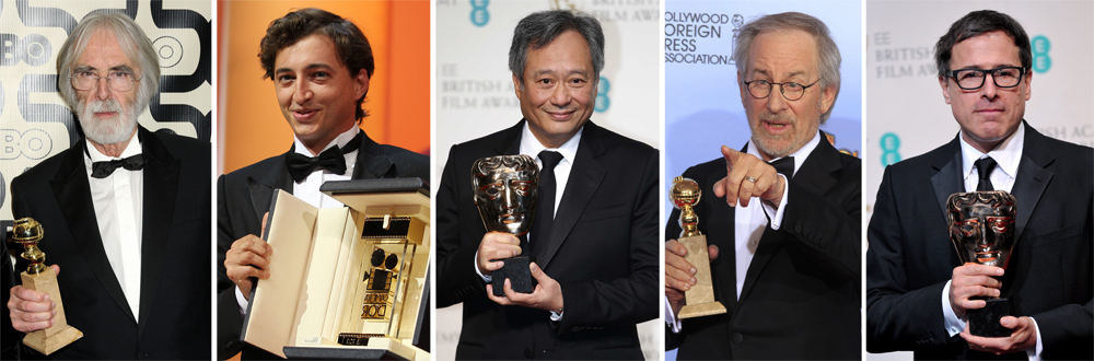 Pretendentai į 2013-ųjų geriausio režisieriaus „Oskarą“ (iš kairės): Michaelis Haneke, Benhas Zeitlinas, Angas Lee, Stevenas Spielbergas ir Davidas O. Russellas / „Scanpix“ nuotr.