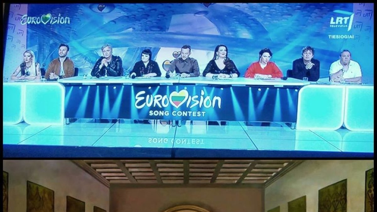 „Eurovizijos“ atrankos komisija finale ir Leonardo da Vinčio freska „Paskutinė vakarienė“  / „Facebook“ nuotr.