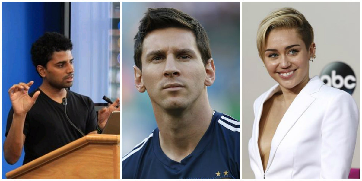 Iš kairės: Naveenas Selvadurai, Lionelis Messi, Miley Cyrus / „Scanpix“ / wikimedia.org nuotr.