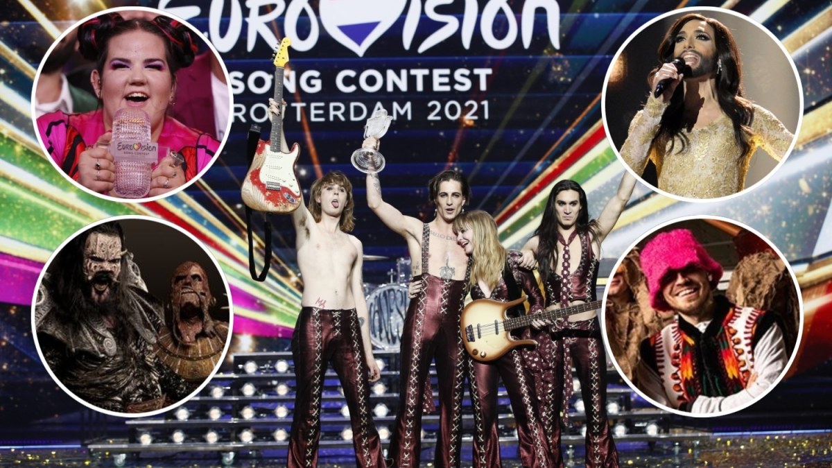 „Eurovizijos“ nugalėtojai – grupės „Lordi“, „Måneskin“, Netta, Conchita Wurst ir šių metų Ukrainos atstovai „Kalush Orchestra“ / EBU nuotr.


