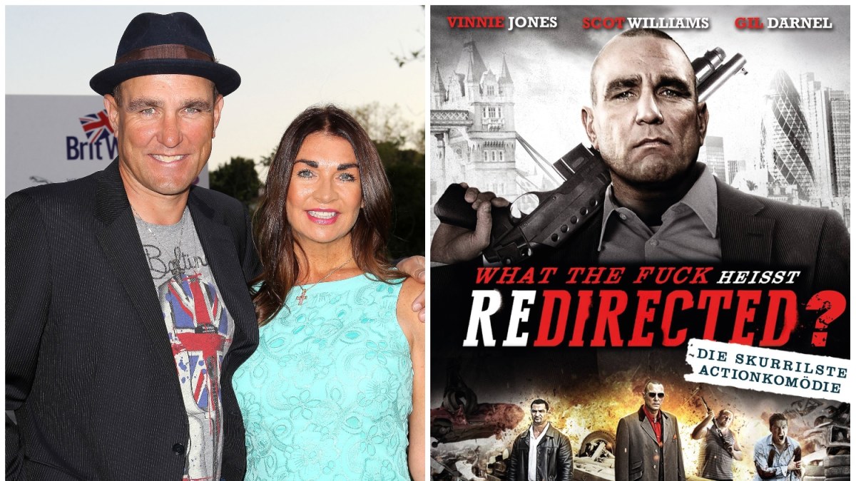 Vinnie Jonesas su žmona Tanya (2013 m.) ir filmo „Redirected“ plakatas/Vida Press nuotr.