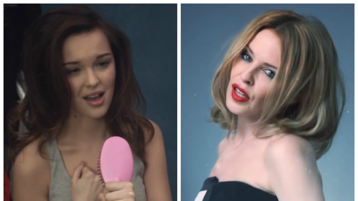 Kylie Minogue dainos „Crystallize“ vaizdo klipe paprasta paauglė virto popžvaigžde / Žmonės.lt montažas
