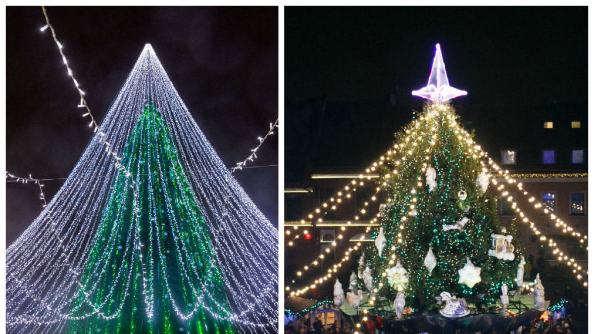Kalėdų eglė Vilniuje (kairėje) ir Kaune (dešinėje) / Luko Balandžio ir Eriko Ovčarenko nuotr.