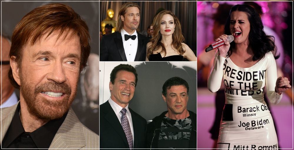 Chuckas Norrisas, Angelina Jolie, Bradas Pittas, Arnoldas Schwarzeneggeris, Sylvesteris Stallone ir Katy Perry / „Scanpix“ nuotr.