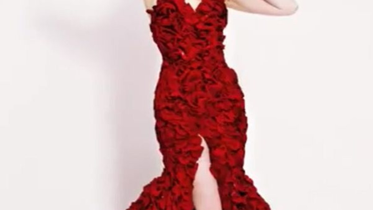 Suknelė iš raudonų rožių žiedlapių / Kadras iš vaizdo įrašo