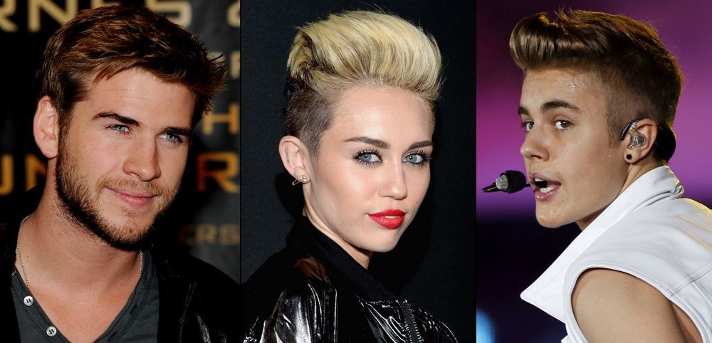 Liamas Hemsworthas, Miley Cyrus ir Justinas Bieberis / „Scanpix“ nuotr.
