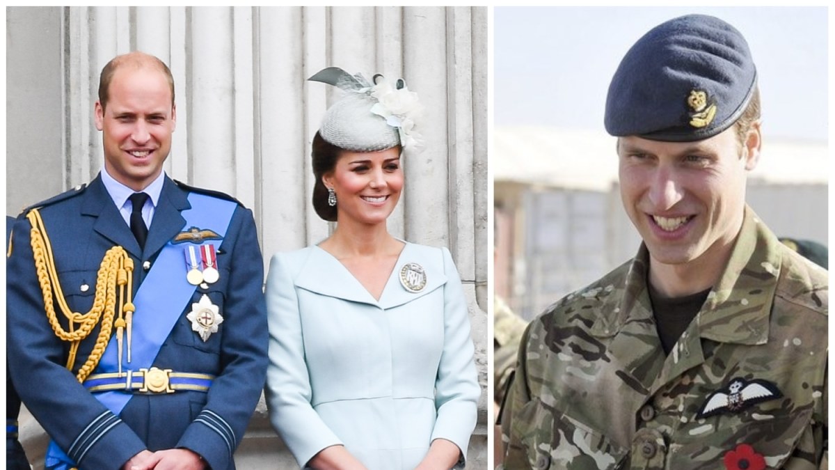 Kairėje: Kate Middleton ir princas Williamas, dešinėje: princas Williamas Afganistane (2010 m.) 