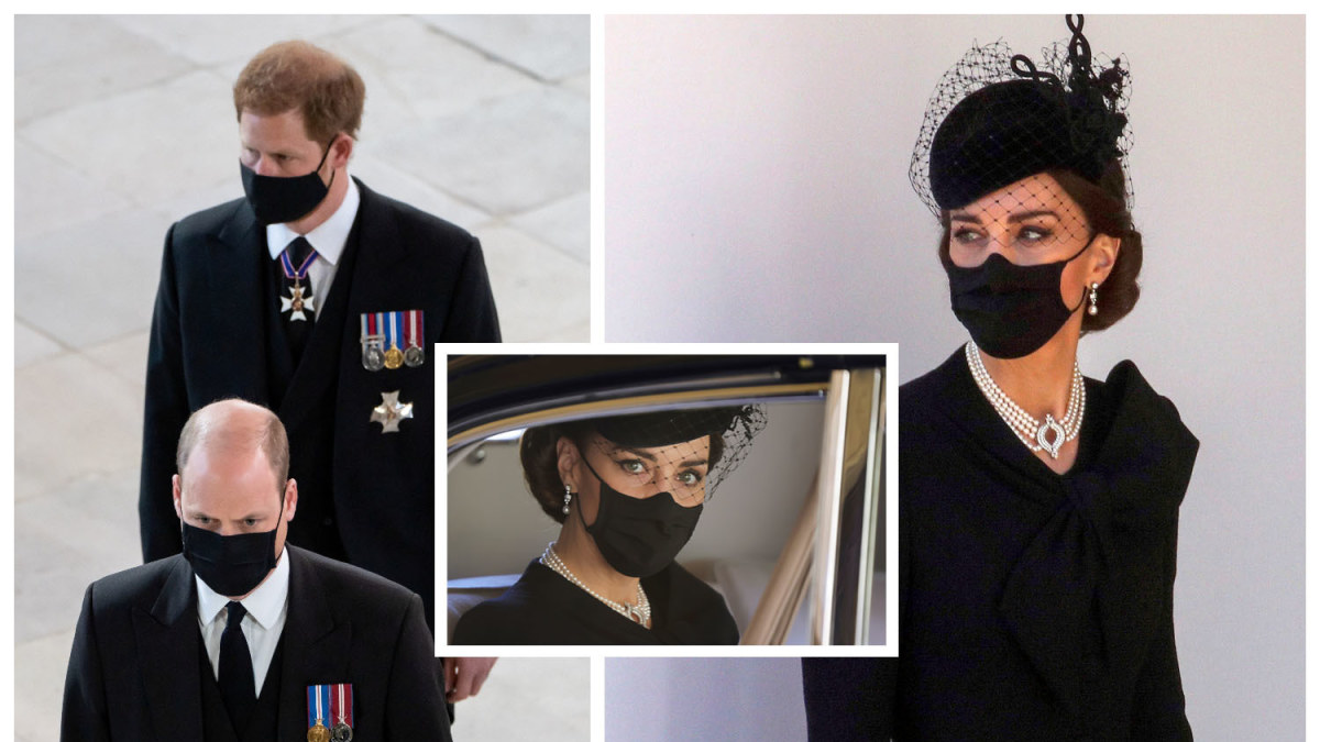 Princas Harry, princas Williamas ir Kate Middleton princo Philipo laidotuvių metu / „Scanpix“ nuotr.