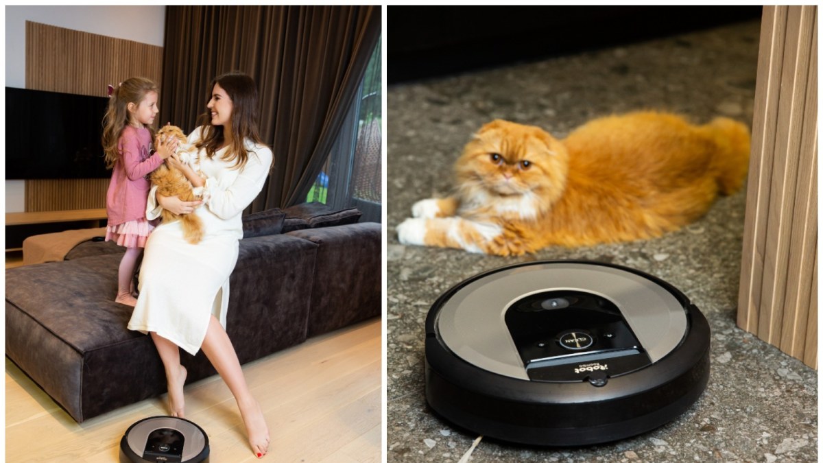 Sotera Šveikauskaitė su dukra, jų katinas ir iRobot Roomba i7+ / Gamintojo nuotr.