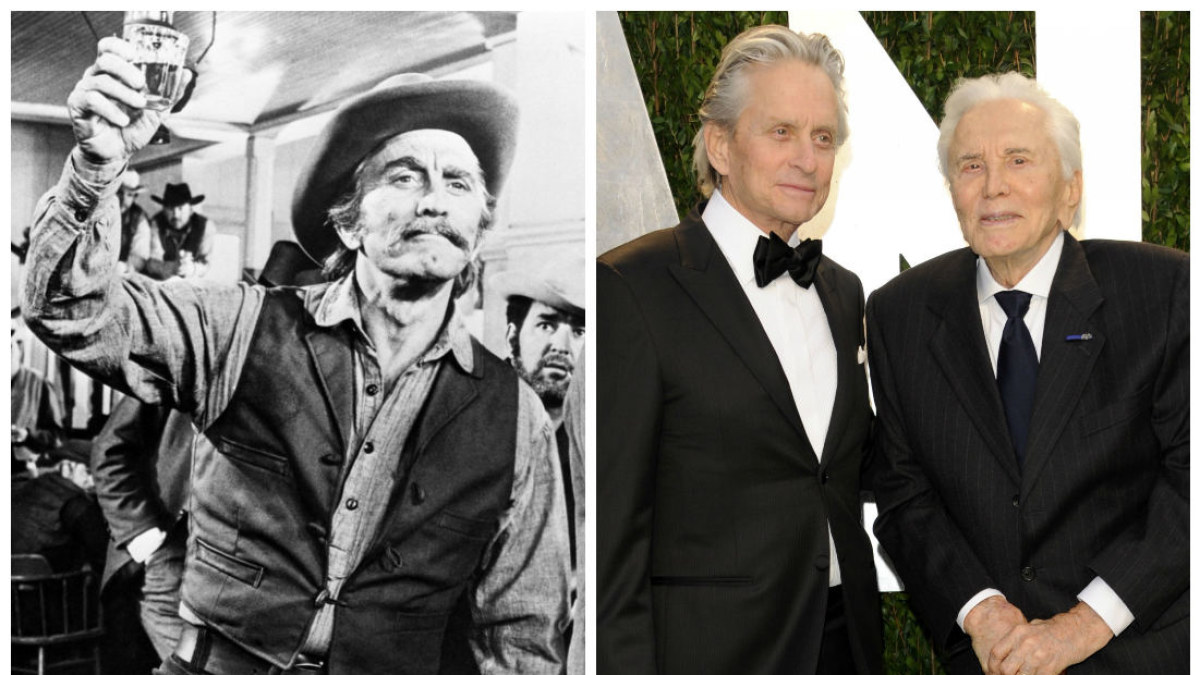 Kirkas Douglasas 1971-ųjų filme filme „A Gunfight“ ir su sūnumi Michaelu 2012 metais „Oskarų“ vakarėlyje / „Scanpix“ nuotr.