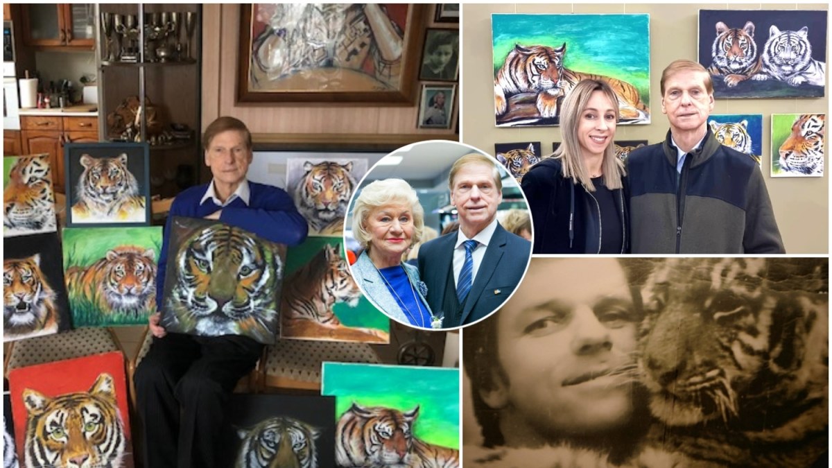 Česlovas Norvaiša su Jūrate Norvaišiene, Lina Chatkevičiūte ir parodos „Tigras“ paveikslais / Asmeninio albumo nuotr.