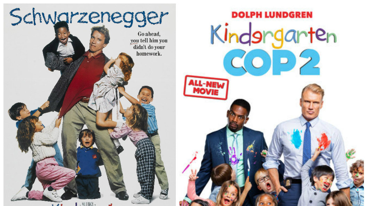 Komedijos „Vaikų darželio policininkas“ tęsinyje Arnoldą Schwarzeneggerį pakeitė Dolphas Lundgrenas / Filmų plakatai