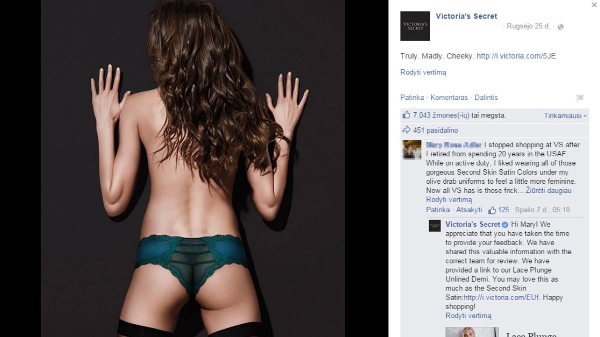 „Victoria's Secret“ fotošopo klaida / Ekrano nuotrauka iš „Facebook“