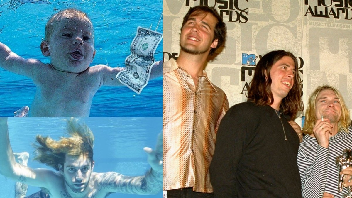 Grupė „Nirvana“ ir albumo „Nevermind“ viršelis, kuriame – Spenceris Eldenas