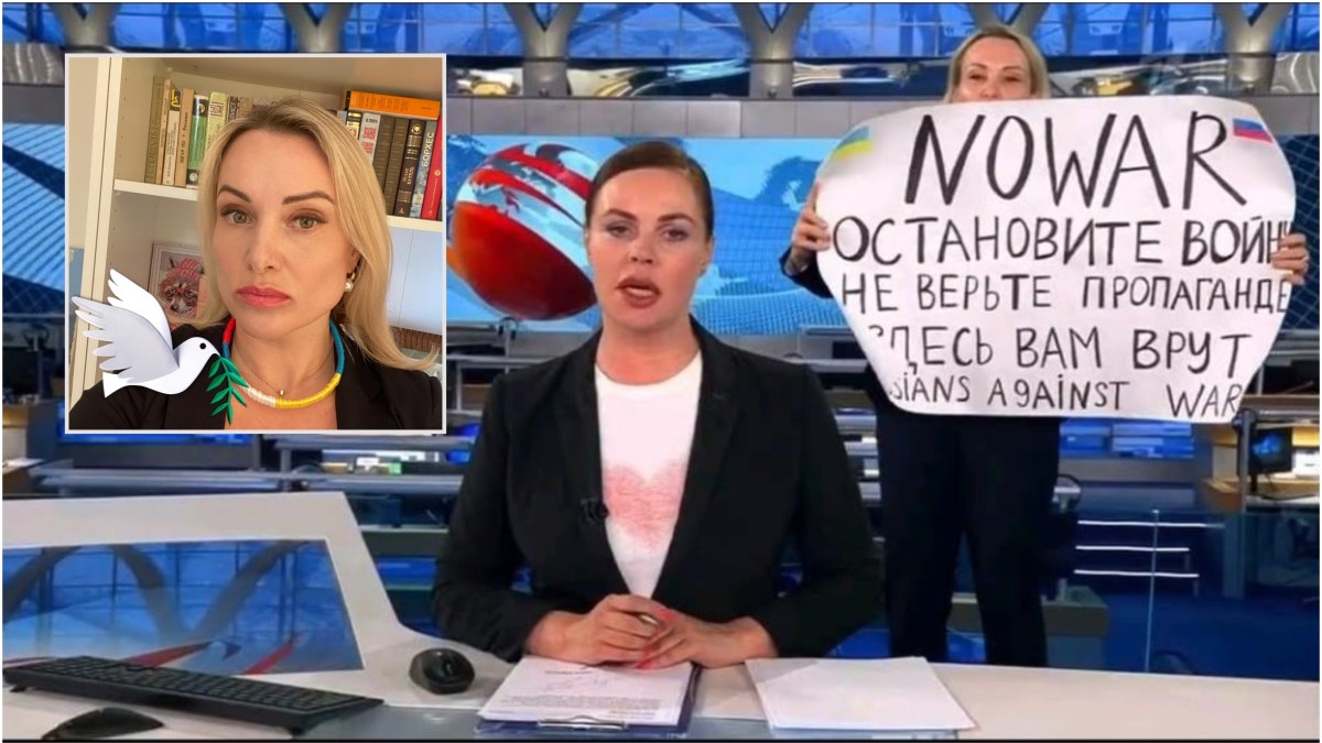 Marina Ovsianikova įsiveržė į eterį Kremliaus griežtai kontroliuojamoje televizijoje „Pervyj kanal“
su plakatu „Karui – ne“