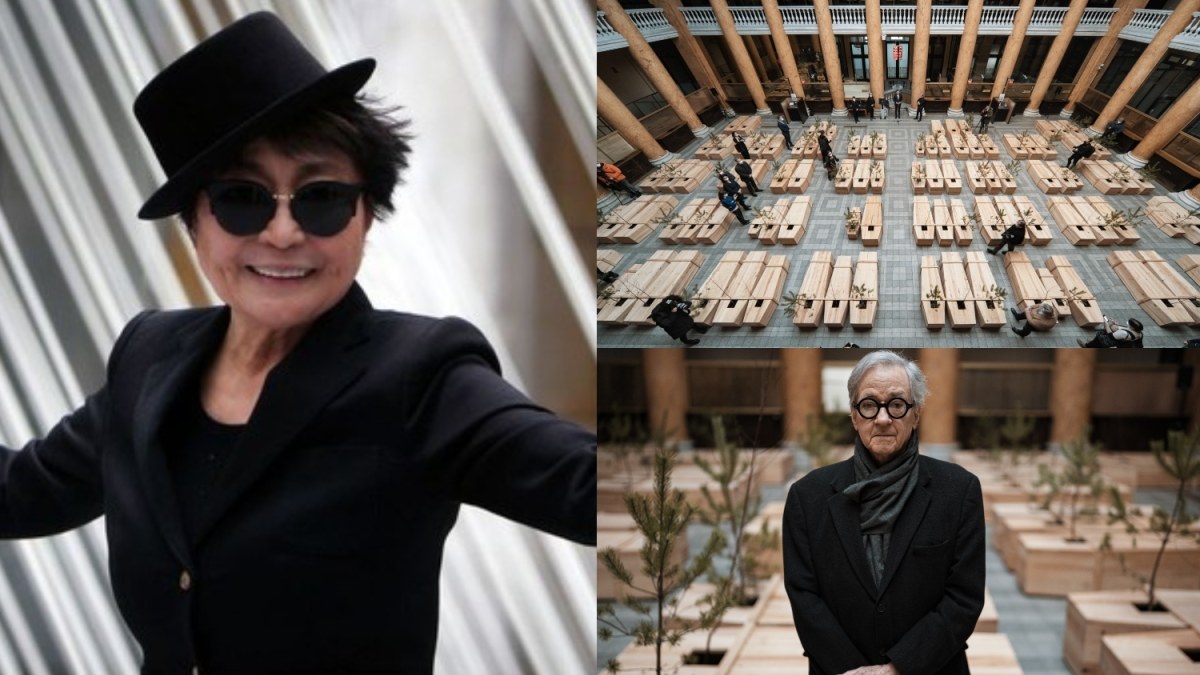 Yoko Ono, jos instaliacija „Ex It“ ir jos kuratorius Jonas Hendricksas / AHOY nuotr.