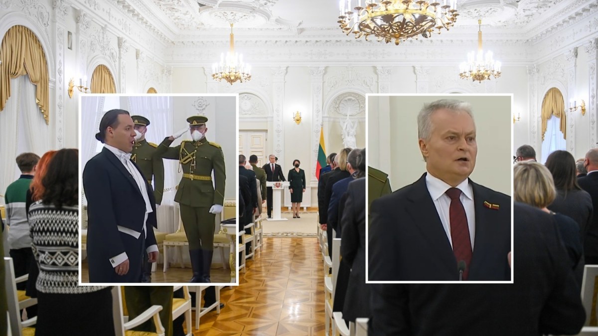 Prezidentas Gitanas Nausėda Vasario 16-ąją prezidentūroje pakvietė dukart sugiedoti himną, Kostas Smoriginas (kairėje) / Stop kadrai ir R.Dačkaus nuotr.
