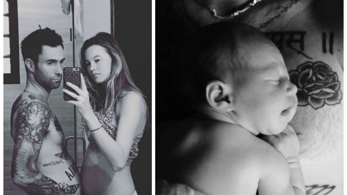 Adamas Levine'as ir Behati Prinsloo ir jų dukra Dusty Rose / „Instagram“ nuotr.