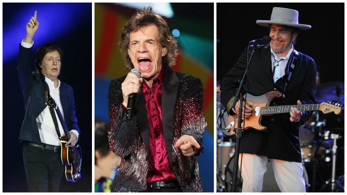 Paulas McCartney, „The Rolling Stones“ lyderis Mickas Jaggeris ir Bobas Dylanas / „Scanpix“ nuotr.