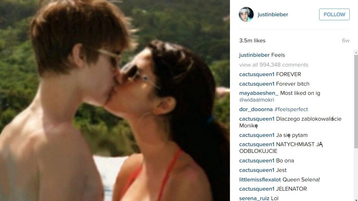Justino Bieberio ir Selenos Gomez bučinio nuotrauka – populiariausia „Instagram“ tinkle