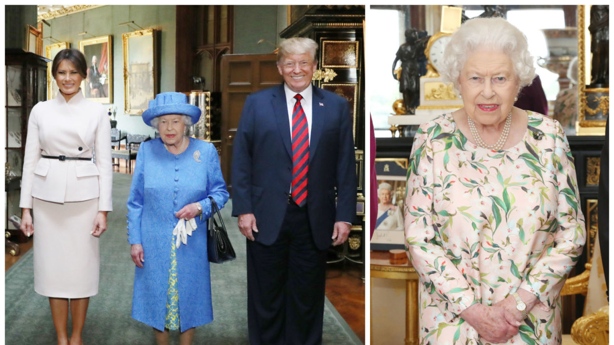 Karalienė Elizabeth II ir JAV prezidentas Donaldas Trumpas su žmona Melania / „Scanpix“ nuotr.