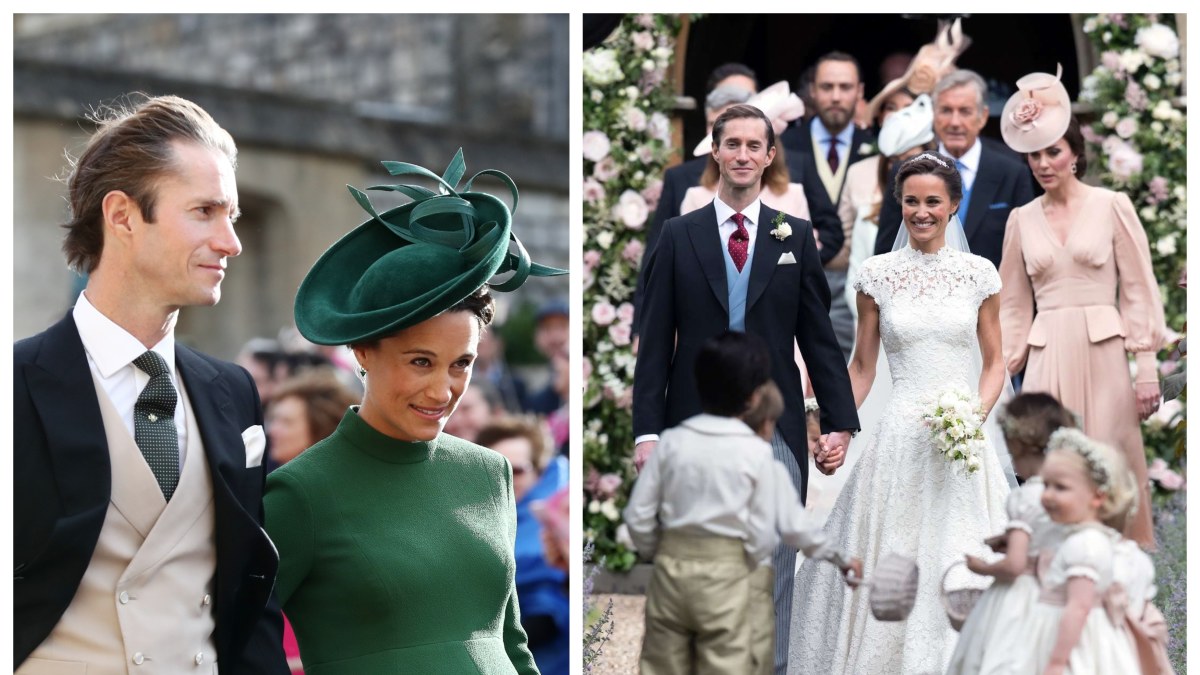 Pippa Middleton 2018 m., kai laukėsi pirmagimio, ir 2017 m. vestuvėse su vyru Jamesu Matthewsu ir seserimi Kate Middleton / Scanpix nuotr.