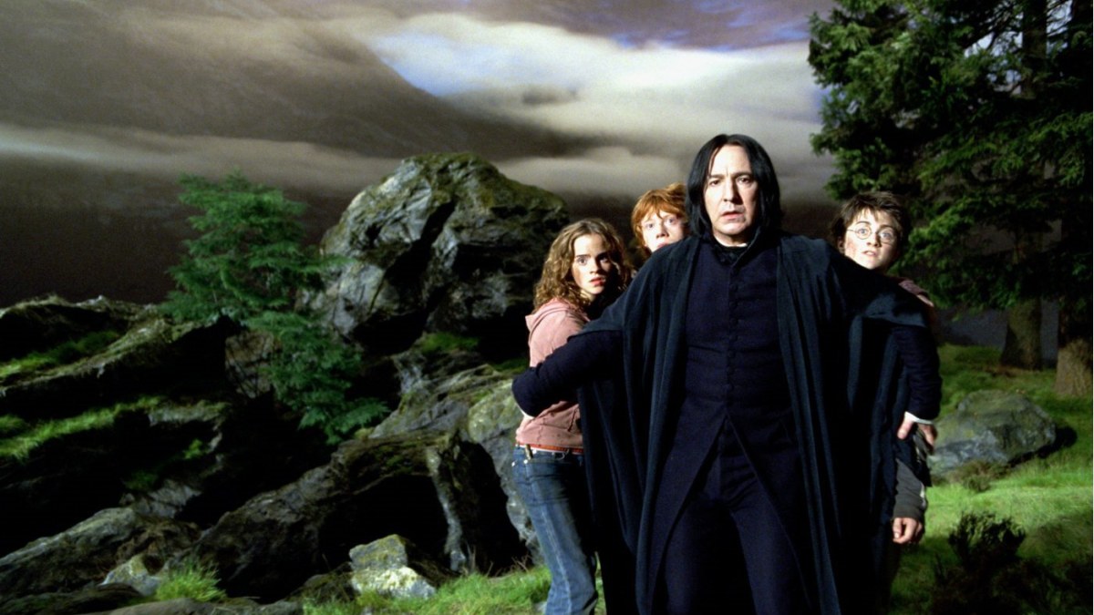 Emma Watson, Rupertas Grintas, Alanas Rickmanas ir Danielis Radcliffe'as filme „Haris Poteris ir Azkabano kalinys“ / Kadras iš filmo