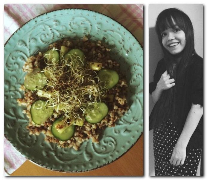 Marija Živajevaitė ir jos paruoštos grikių salotos su šparaginėmis pupelėmis, agurkais ir daigais / Marijos Živajevaitės nuotr.