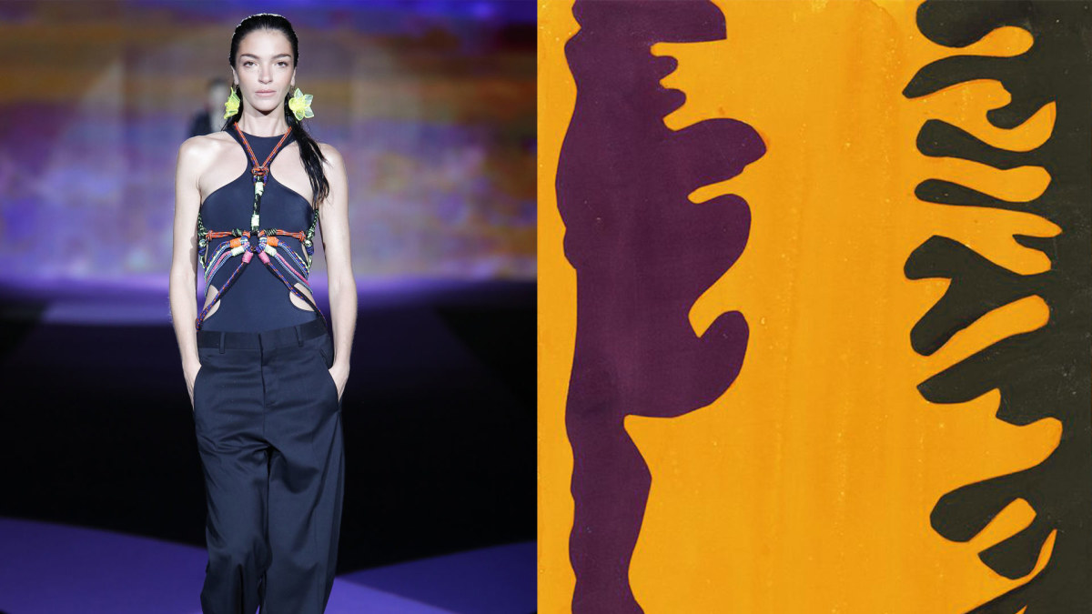 Savaitės tonas: linkėjimai Afrikai / „Dsquared2“ 2016 m. pavasario-vasaros kolekcijos modelis/Henri Matisse „Black and Violet Arabesques on an Orange Background“
