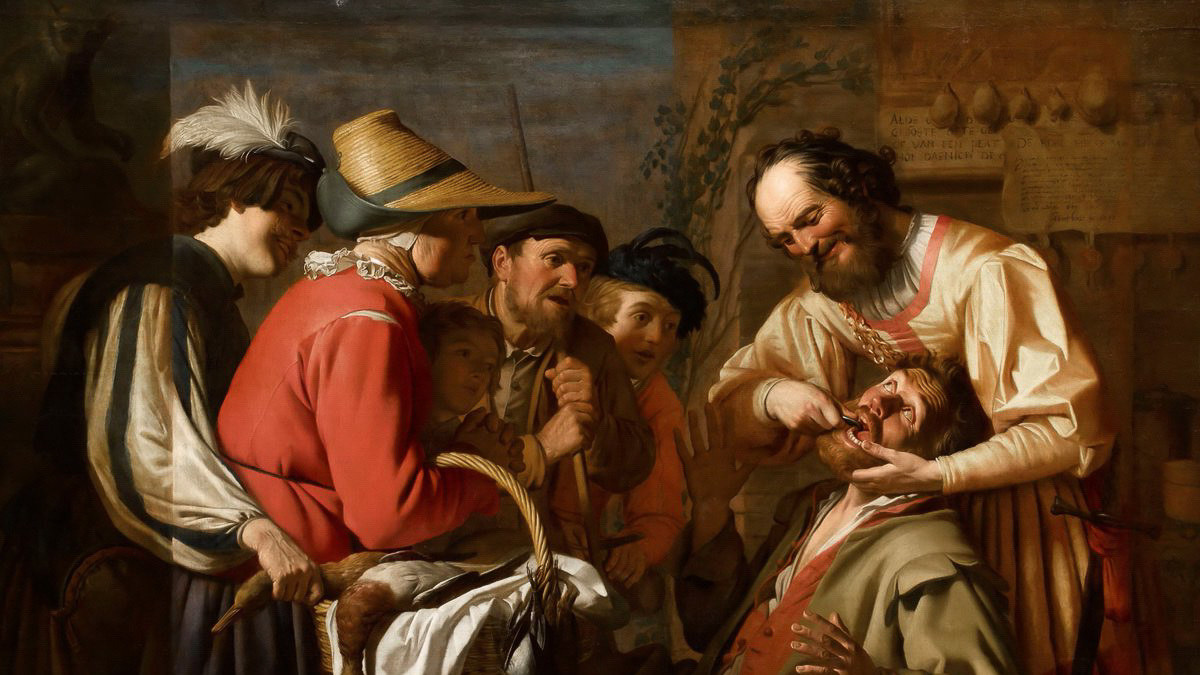 Anksčiau dantis šalindavo budeliai, kalviai, juvelyrai, kirpėjai, pirtininkai... Liudviko XIV laikais atsirado profesionalūs stomatologai. Tai greičiausiai lėmė ir paties valdovo prasta dantų būklė (Gerritas van Horstas. „Dantų rovėjas“, 1628) / Getty nuotrauka