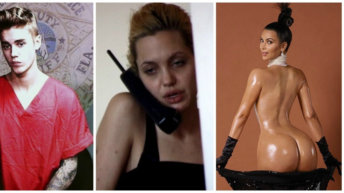 Justinas Bieberis, Angelina Jolie ir Kim Kardashian / „Scanpix“, stop kadras ir žurnalo „Paper“ nuotr.