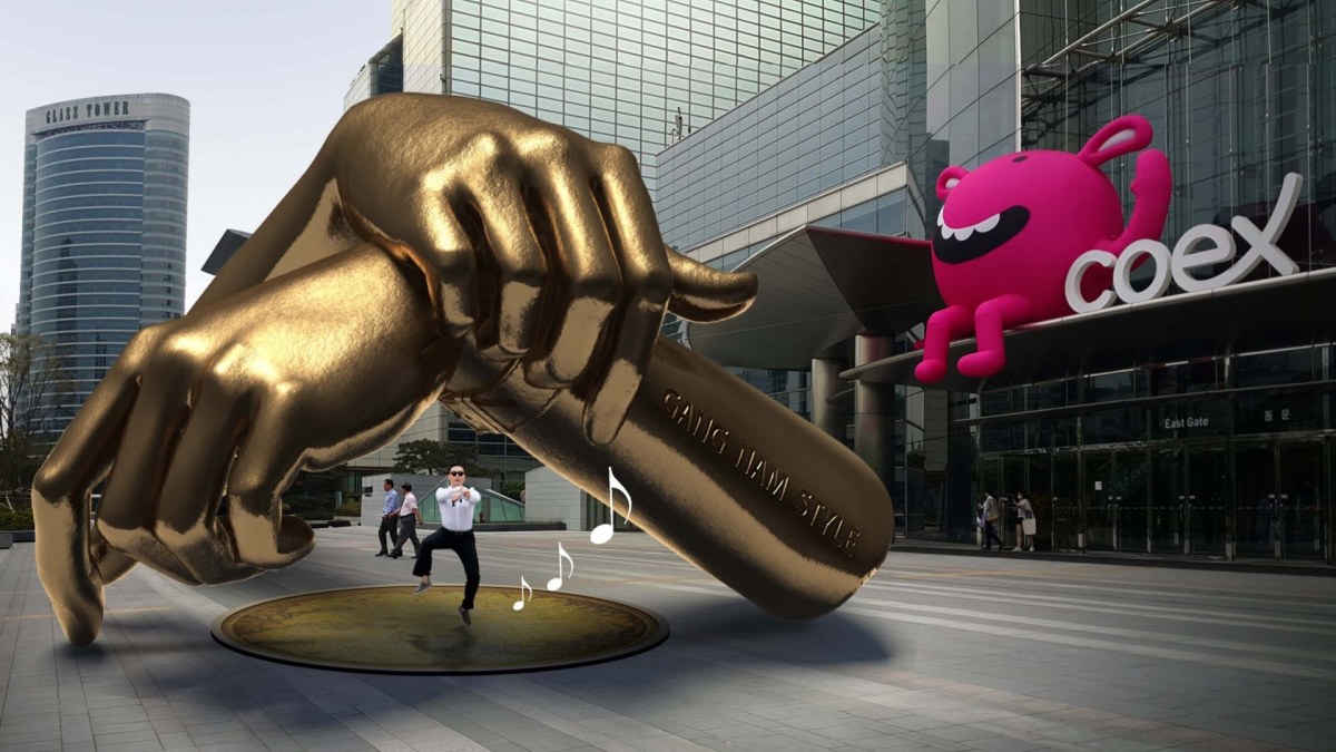 Kompiuterinis maketas: taip atrodys skulptūra, įamžinsianti reperio Psy dainą „Gangnam Style“ / AFP/„Scanpix“ nuotr.