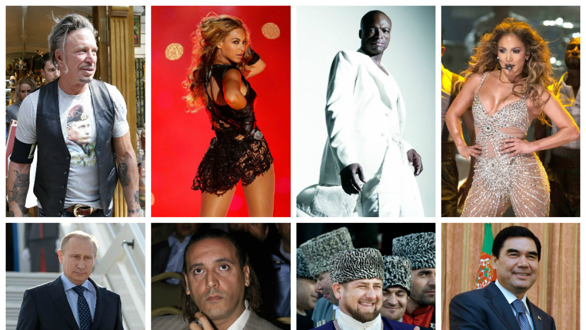 Mickey Rourke'as ir Vladimiras Putinas, Beyonce ir Hannibalas Gaddafi, Sealas ir Ramzanas Kadyrovas, Jennifer Lopez ir Gurbangulis Berdimuhamedovas / Žmonės.lt montažas
