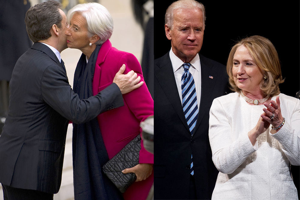 Kairėje: Prancūzijos prezidentas Nicolas Sarkozy bučiuoja Tarptautinio valiutos fondo prezidentę Christine Lagarde. Dešinėje: buvusi JAV valstybės sekretorė Hillary Clinton apdovanojimų ceremonijoje Vašingtone.  / „Scanpix“ nuotr.